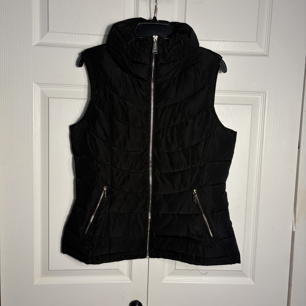 Calvin Klein Puffer Vest Women M Black Full Zip Quilted High Neck Zip Pockets